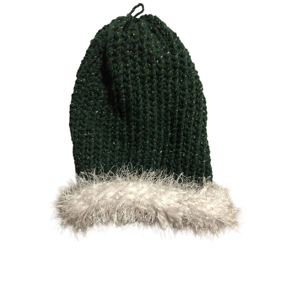 Hand Knitted Beanie Sock Hat Chunky Green White Trim Fuzzy Christmas Santa Elf - Picture 2 of 4